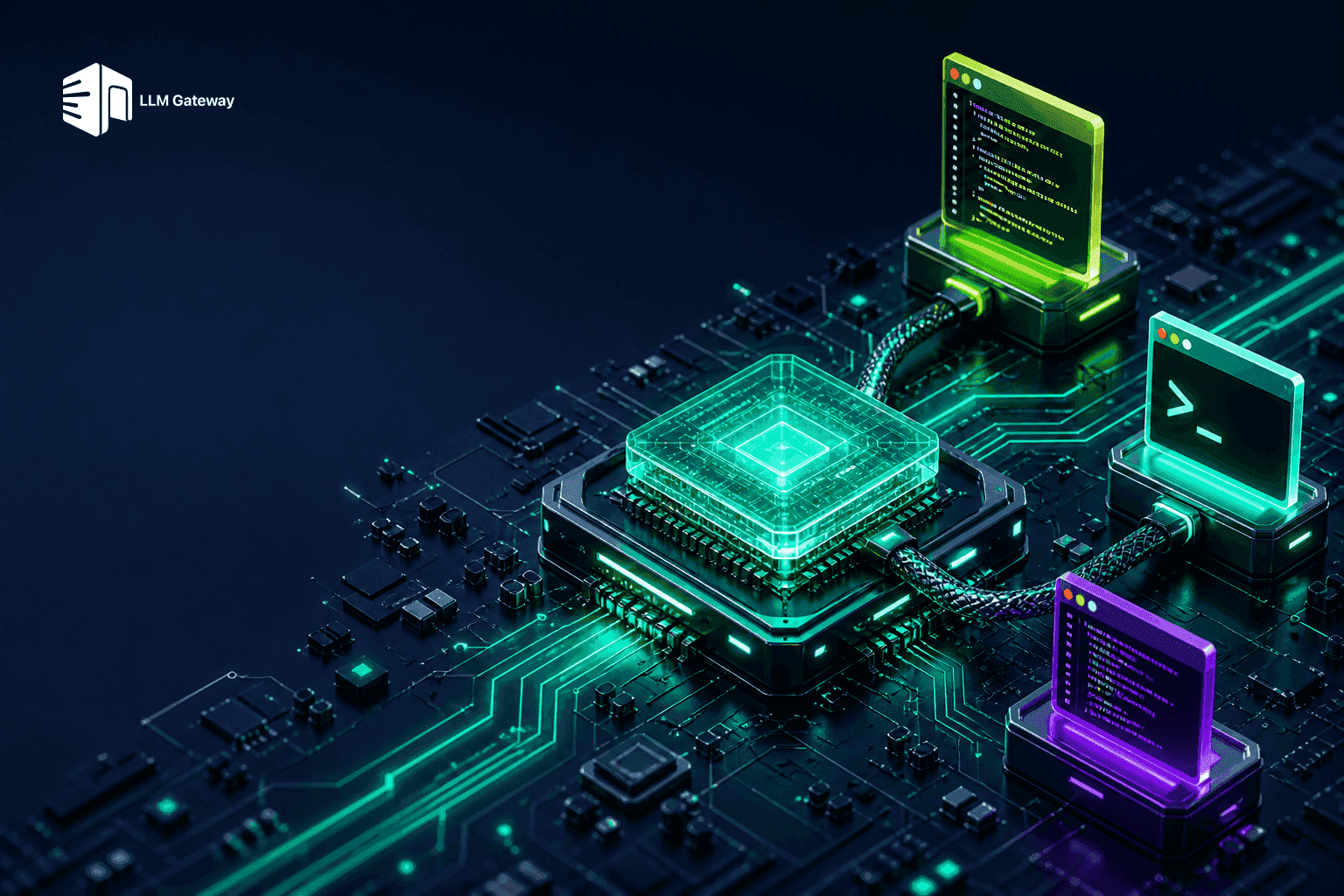 Circuit board with cables plugging coding tool icons into a central glowing chip, representing GLM-5.2 connected to Claude Code, Cursor, and Cline