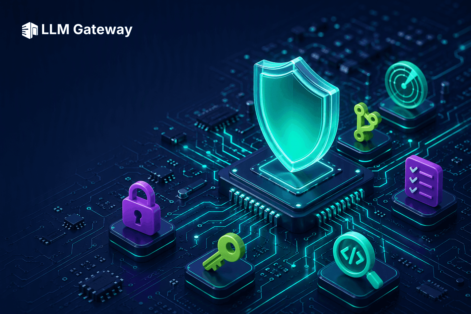 A glowing teal shield on the central chip of a dark circuit board, surrounded by a padlock, a key, a magnifying glass over code, a checklist, a git branch and a radar, representing AI gateway security routines
