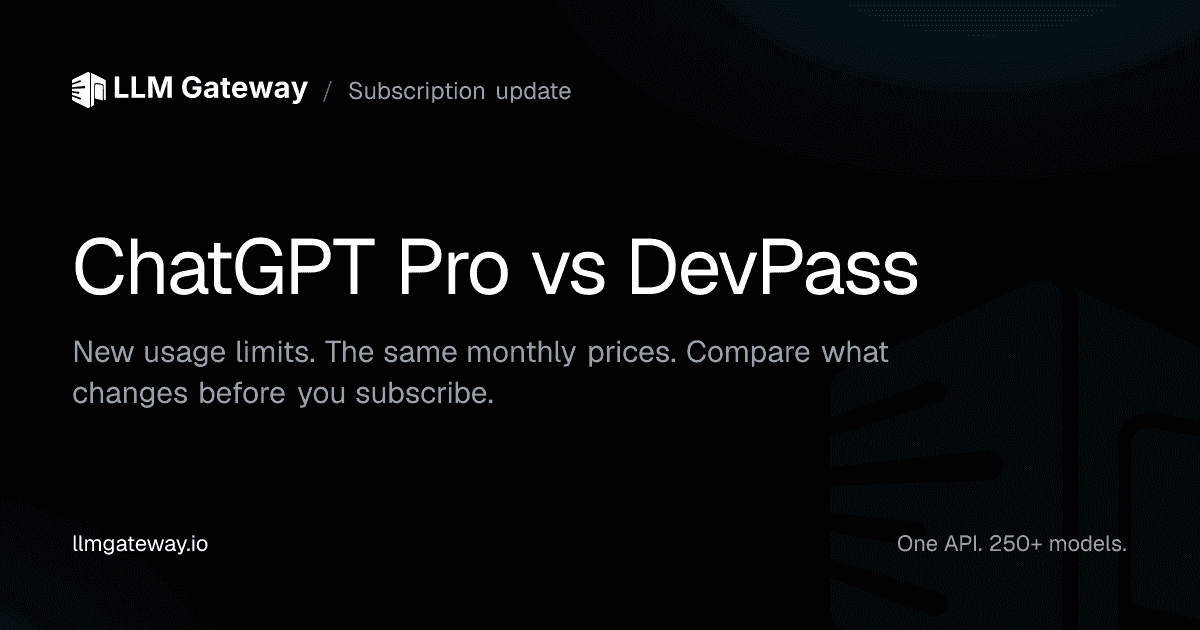 ChatGPT Pro vs DevPass: new usage limits at the same monthly prices, on an LLM Gateway branded card
