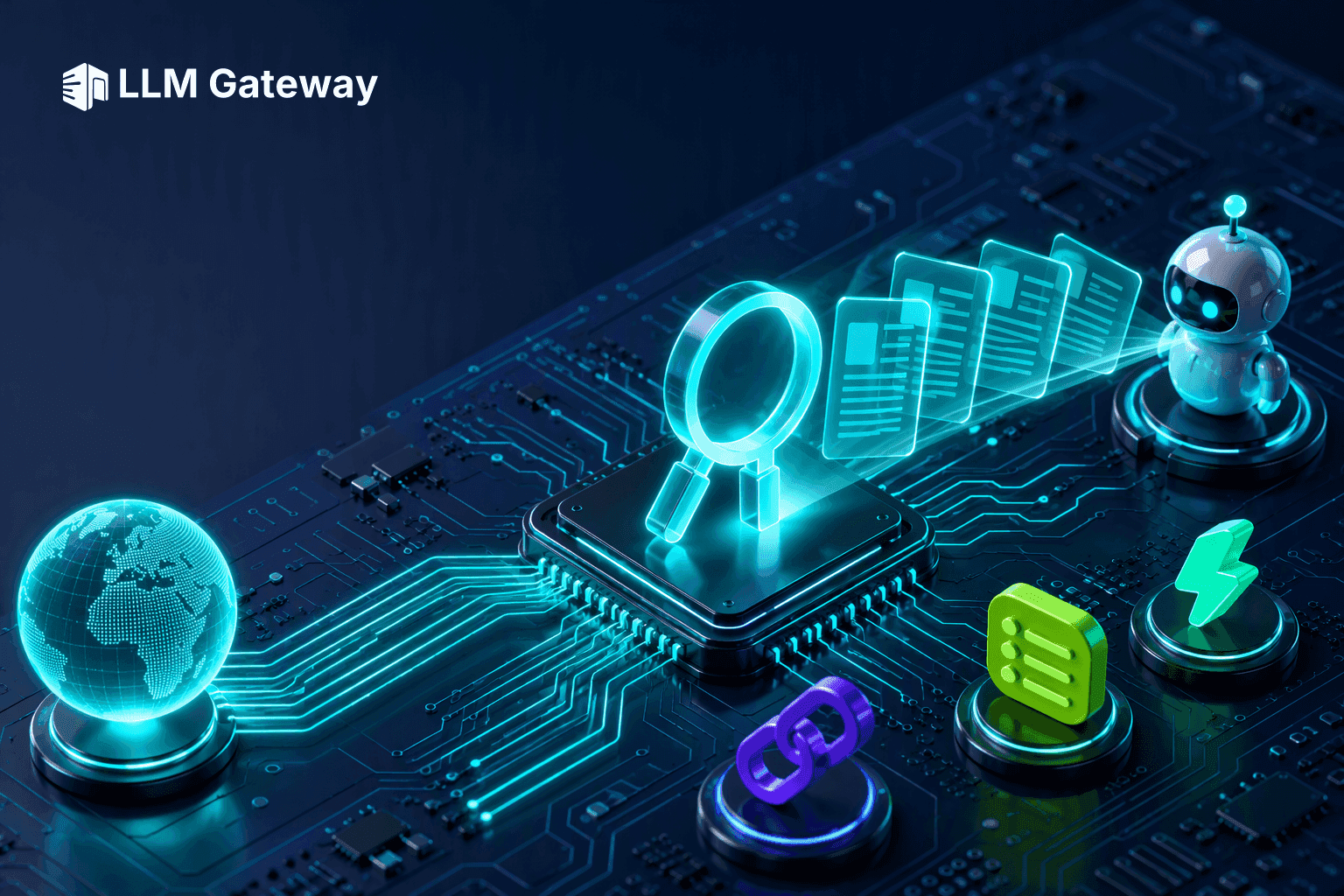 A glowing magnifying glass on a circuit-board chip sends a fan of web result cards from a globe to a small robot agent, representing the Perplexity Search API on LLM Gateway