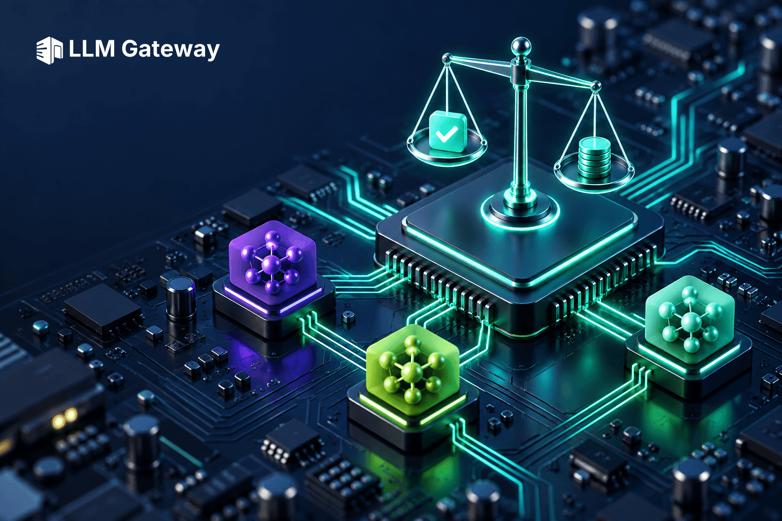 A glowing balance scale on a circuit board weighs task quality against inference cost