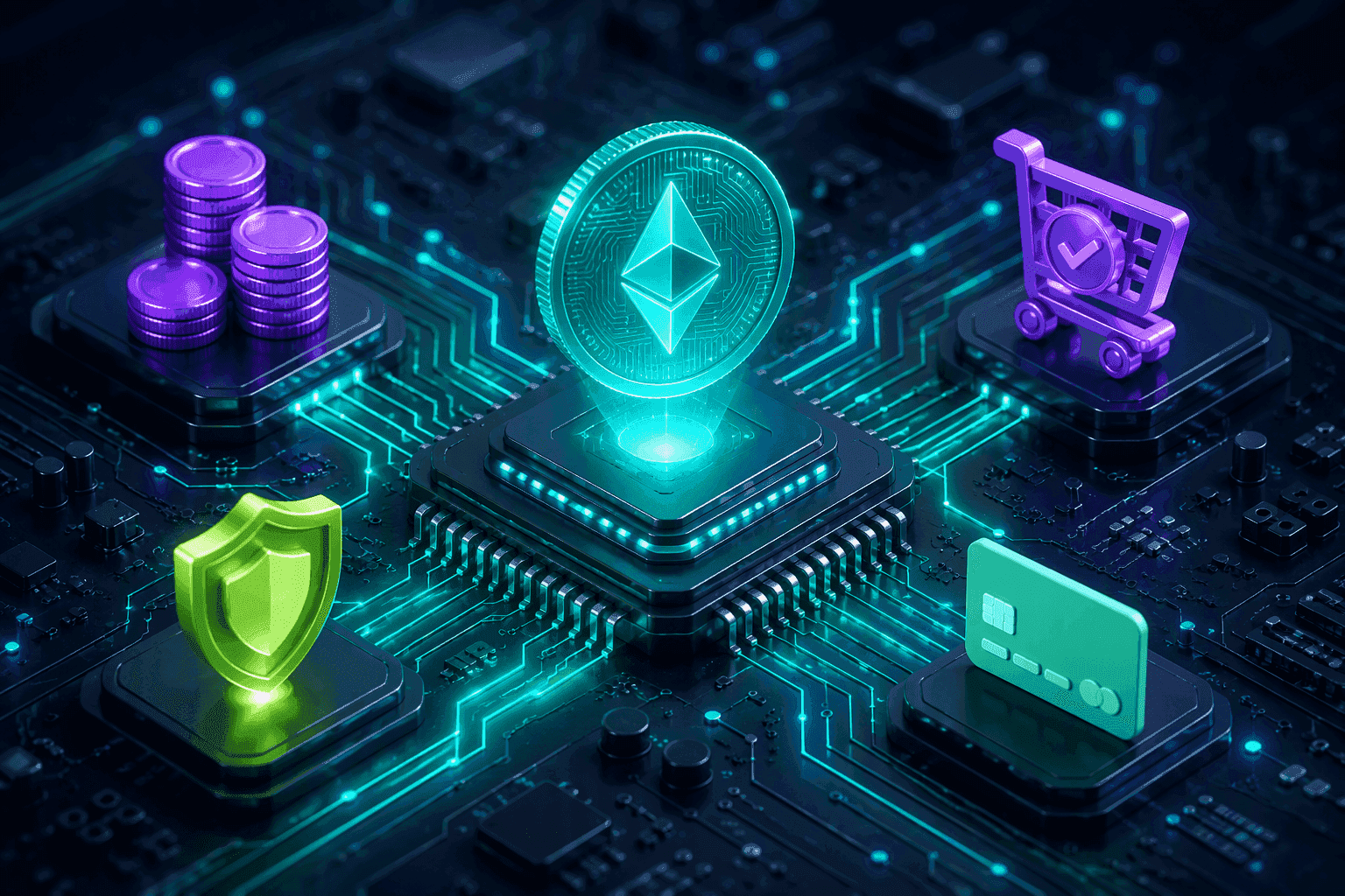 A circuit board with a glowing crypto coin on the central chip, representing crypto payments for LLM Gateway credits