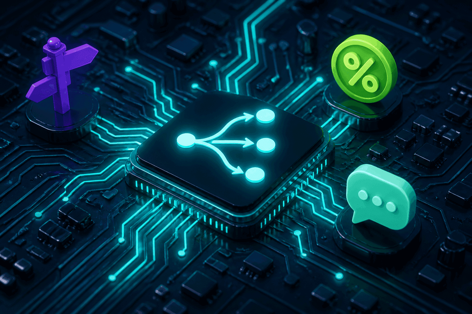 A circuit board with a glowing branching flow diagram on the central chip, representing routing decision graphs