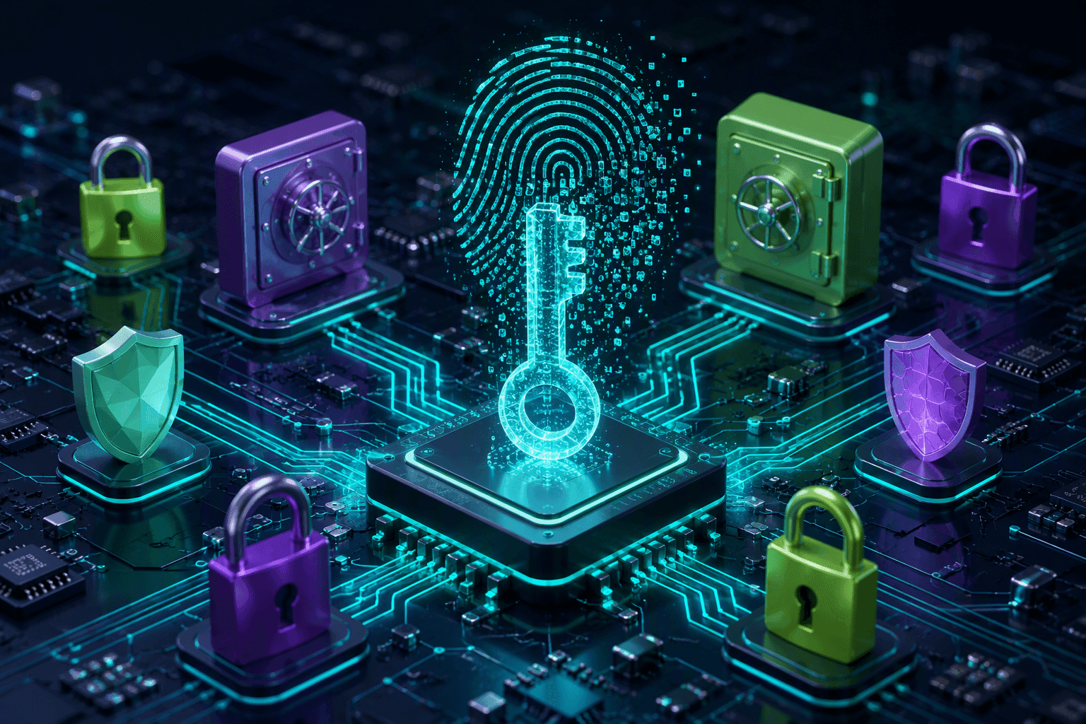 Hash-only key storage: a glowing key dissolving into a fingerprint pattern on a circuit board
