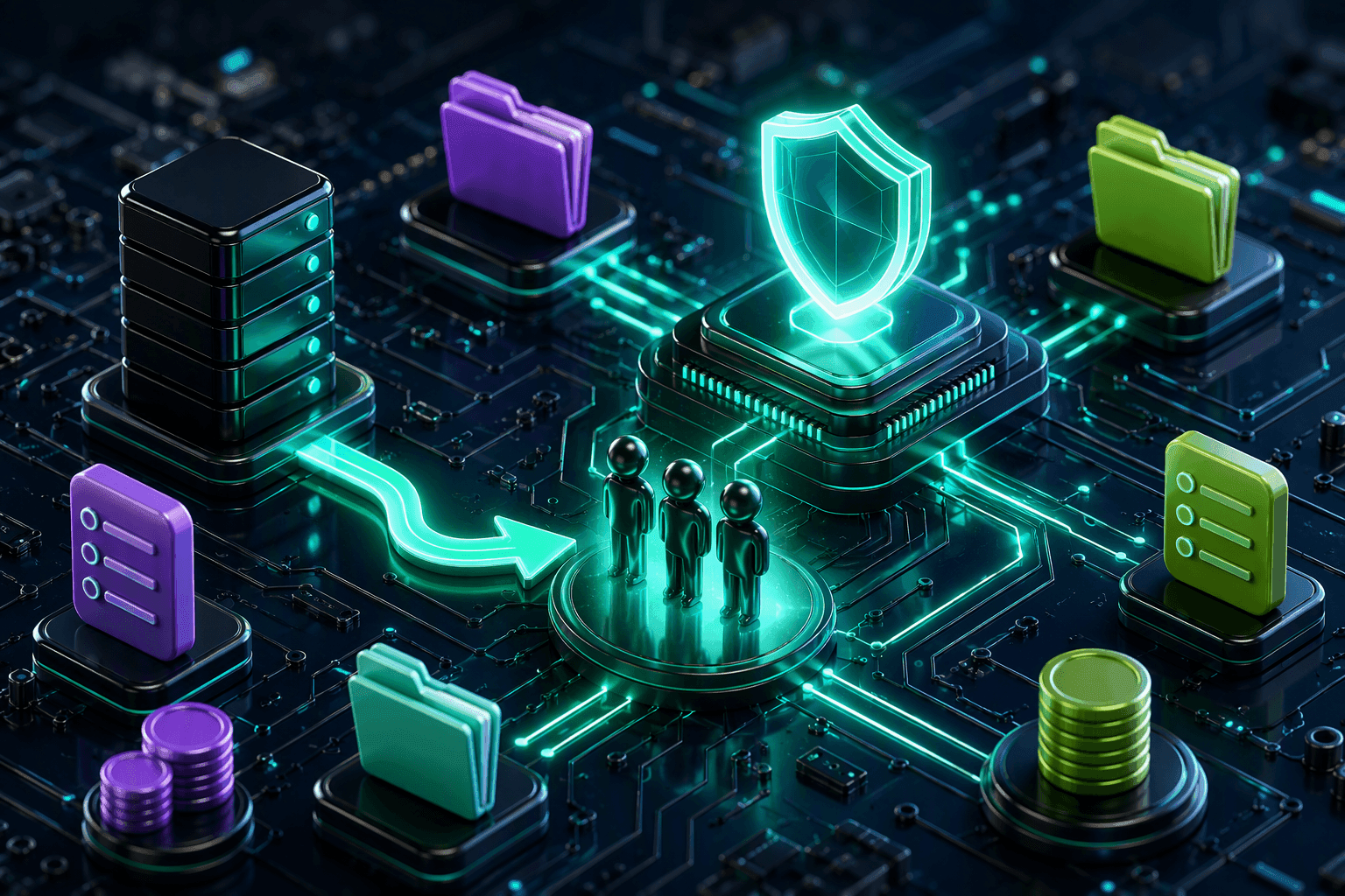 Organization teams: developer figures grouped under one glowing policy shield on a circuit board, with a directory sync arrow feeding into it