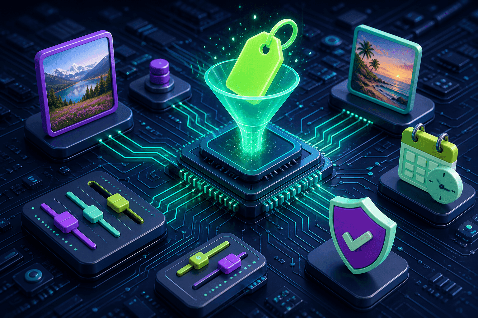 A glowing price tag passing through a filter funnel on a circuit board chip, surrounded by slider controls, picture frames, a calendar clock, and a shield badge