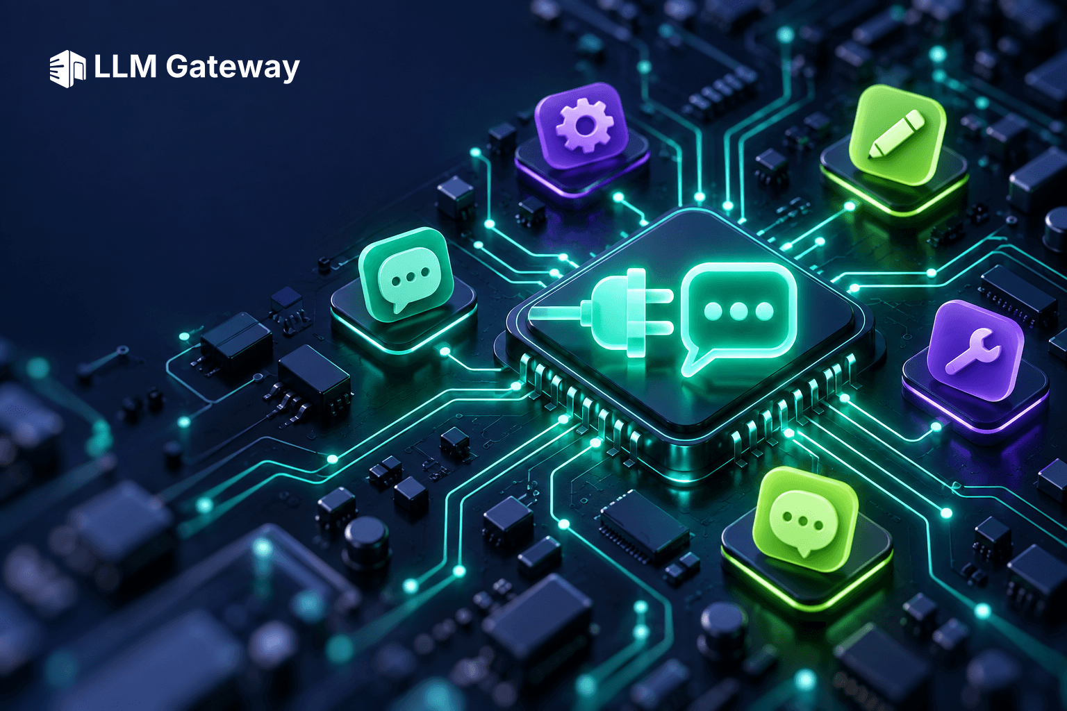 A glowing plug beside a chat bubble on a circuit-board chip, surrounded by tool and chat icons
