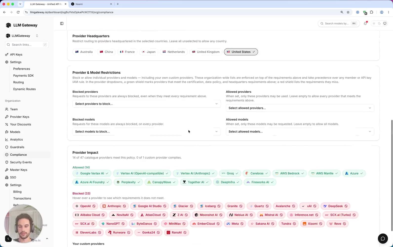 LLM Gateway compliance settings restricting routing by provider headquarters, with 14 allowed and 33 blocked providers