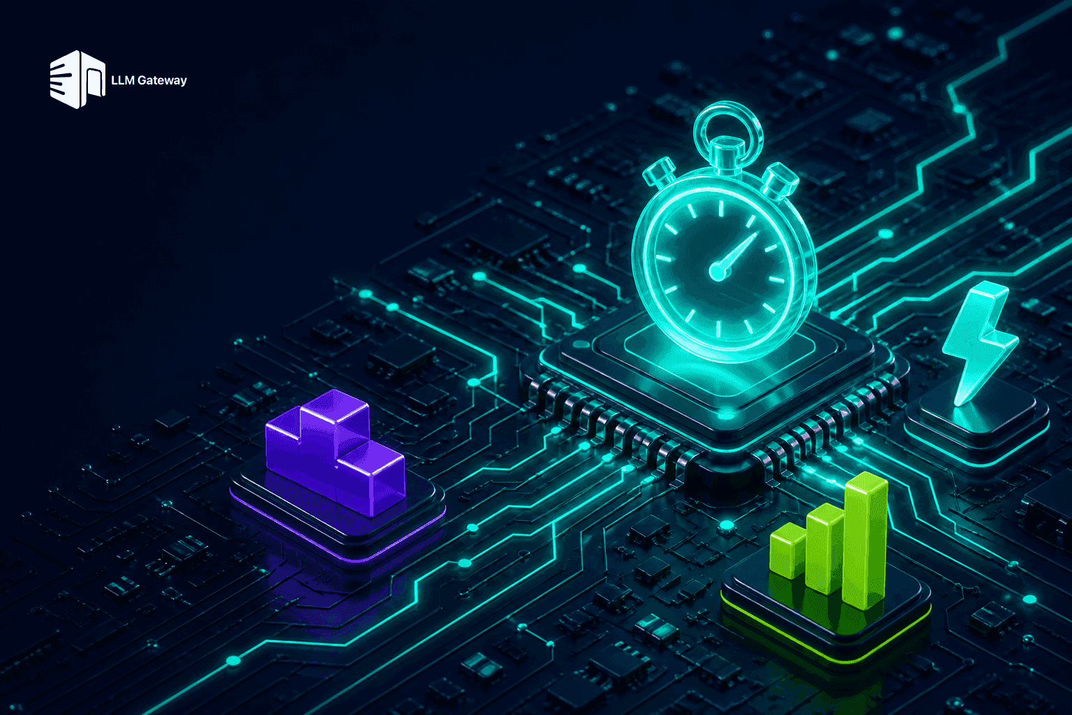 A circuit board with a glowing stopwatch on the central chip surrounded by a podium and rising bar chart, representing AI gateway latency benchmarks