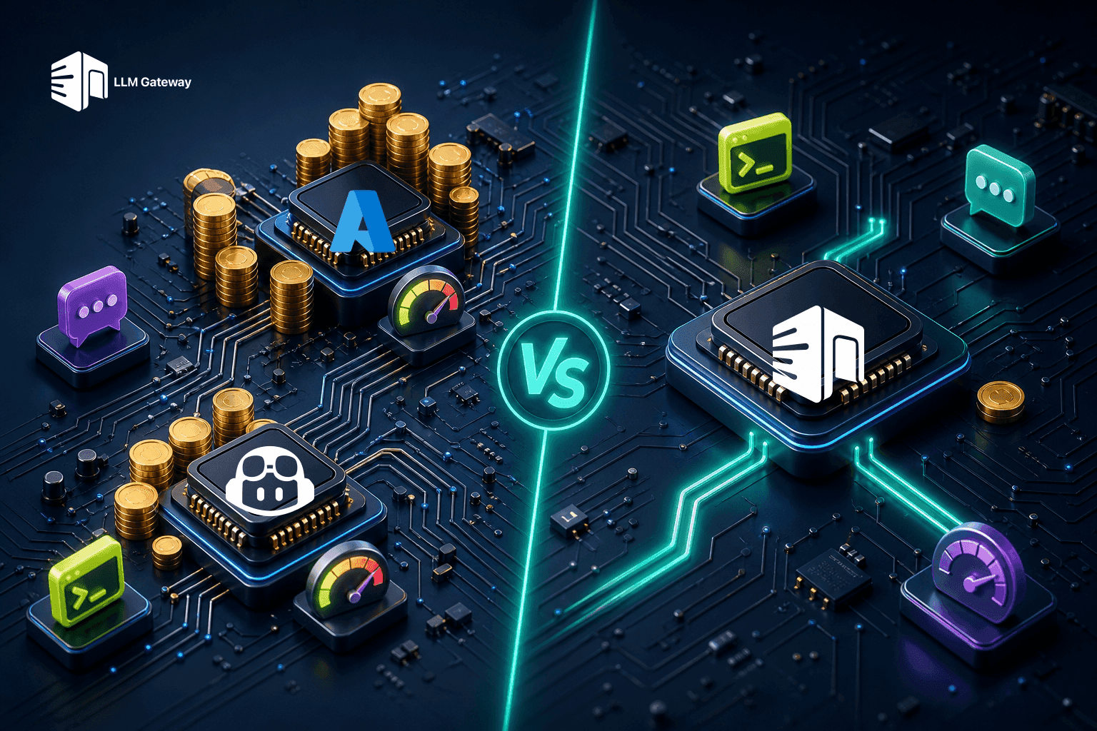 Split circuit board showing two separate expensive Microsoft product chips versus one unified LLM Gateway chip serving both API and coding-agent workloads