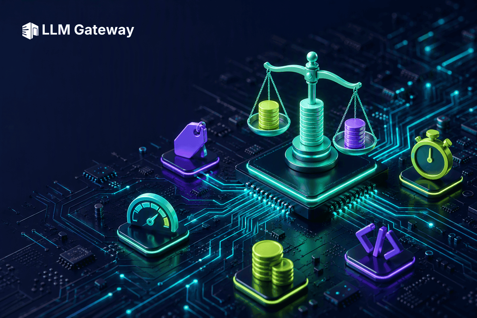 A glowing balance scale weighing three coin stacks on a central chip of a circuit board, surrounded by a price tag, a stopwatch, a gauge and coin icons, representing a pricing comparison of DevPass, OpenCode Go and OpenCode Zen