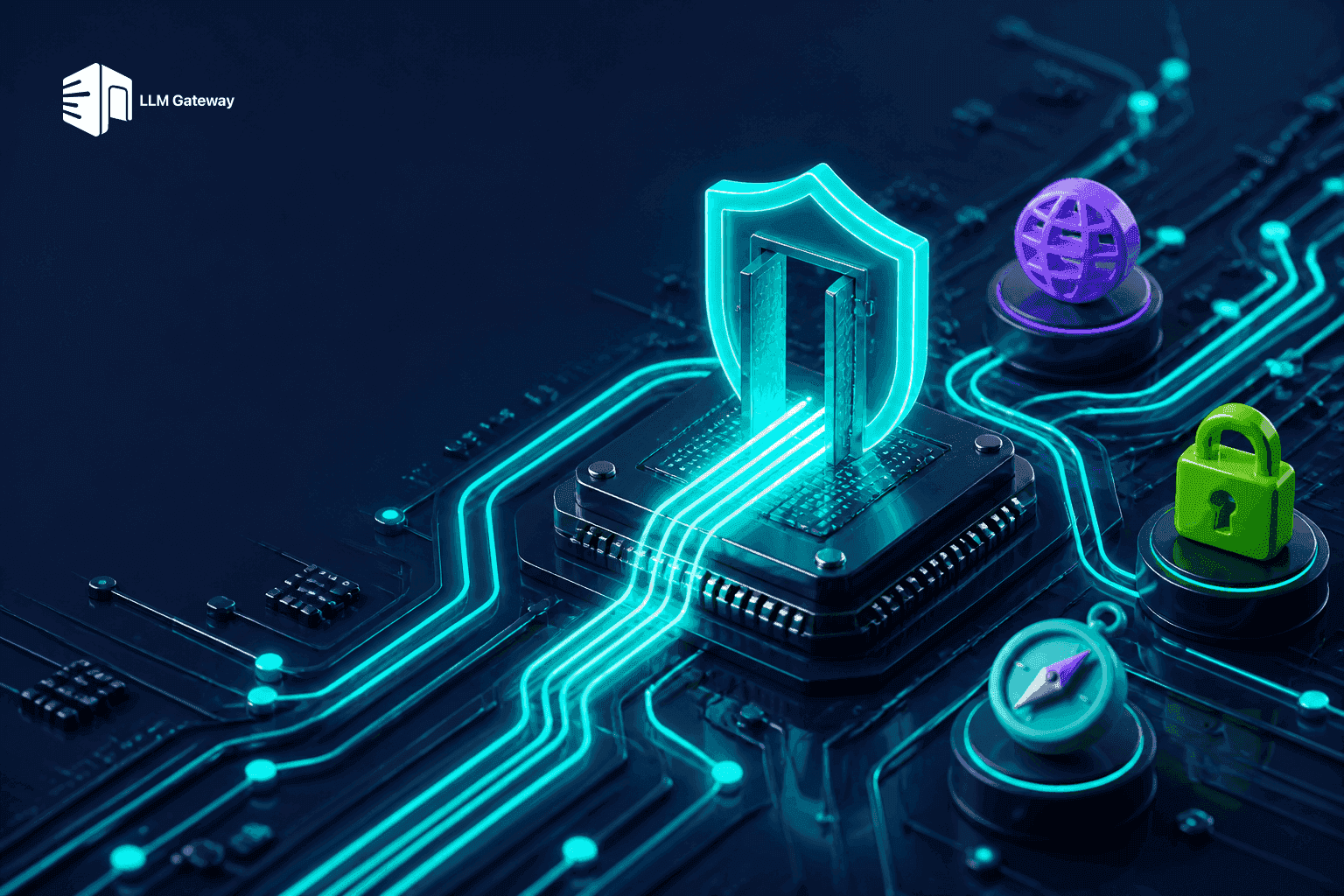 GDPR-compliant LLM routing concept — a glowing shield gate on a circuit board filtering request traces