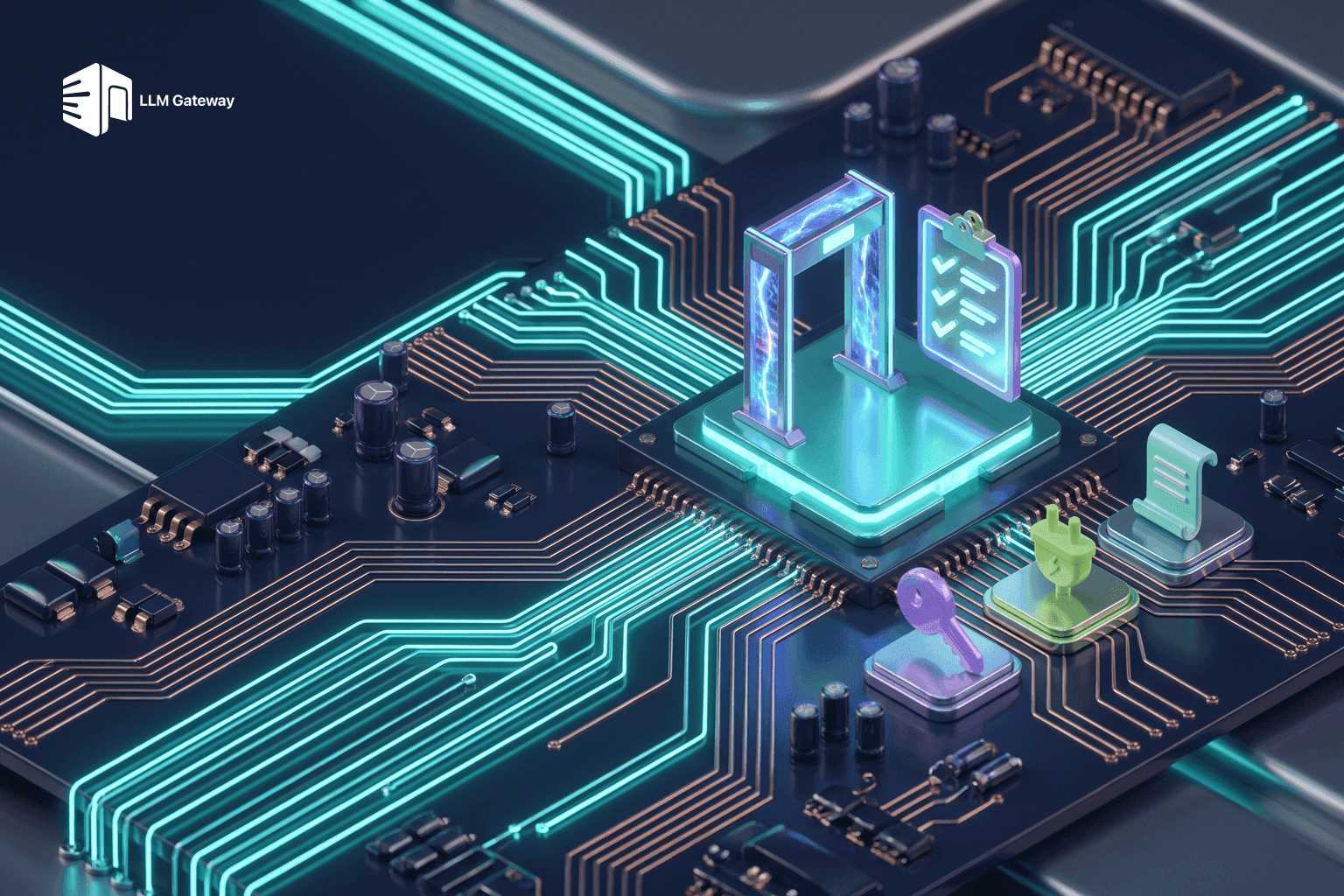 A glowing boarding-gate arch on a central chip with a lit checklist beside it and light traces leading in from the edge of a circuit board, surrounded by a key, a plug, and a document icon