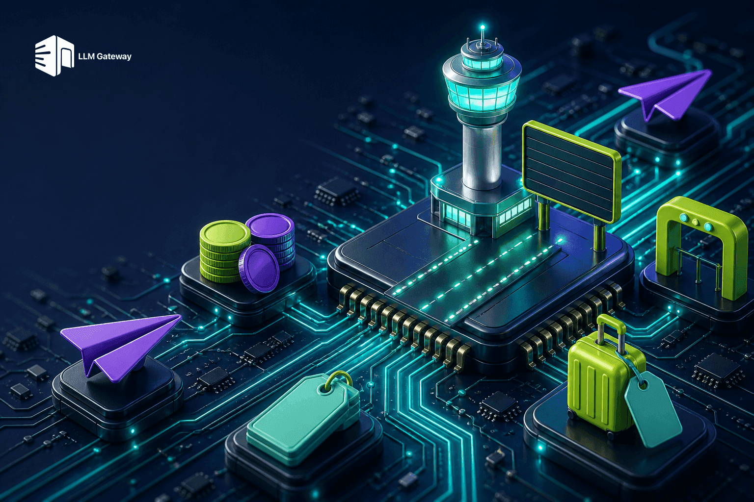 A glowing airport control tower with a lit runway leading to it on a circuit board, surrounded by paper planes, luggage tags, coins, and a boarding-gate arch