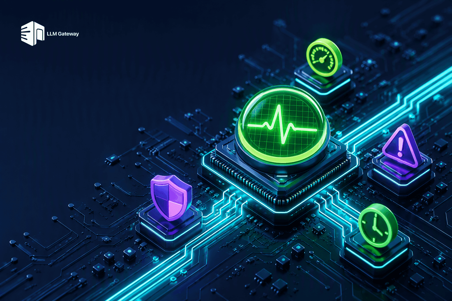 Glowing status indicator on a circuit board with three parallel routes flowing into it, representing per-provider uptime monitoring for Kimi K3