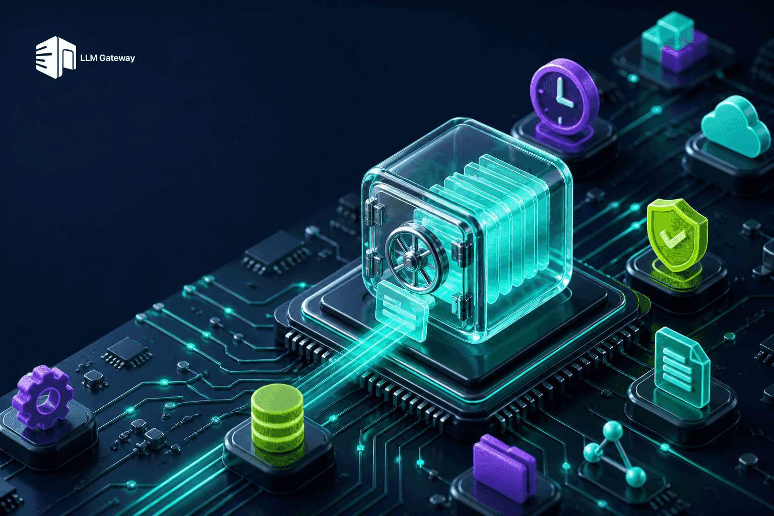 LLM data retention concept — a glowing vault chip on a circuit board holding request records