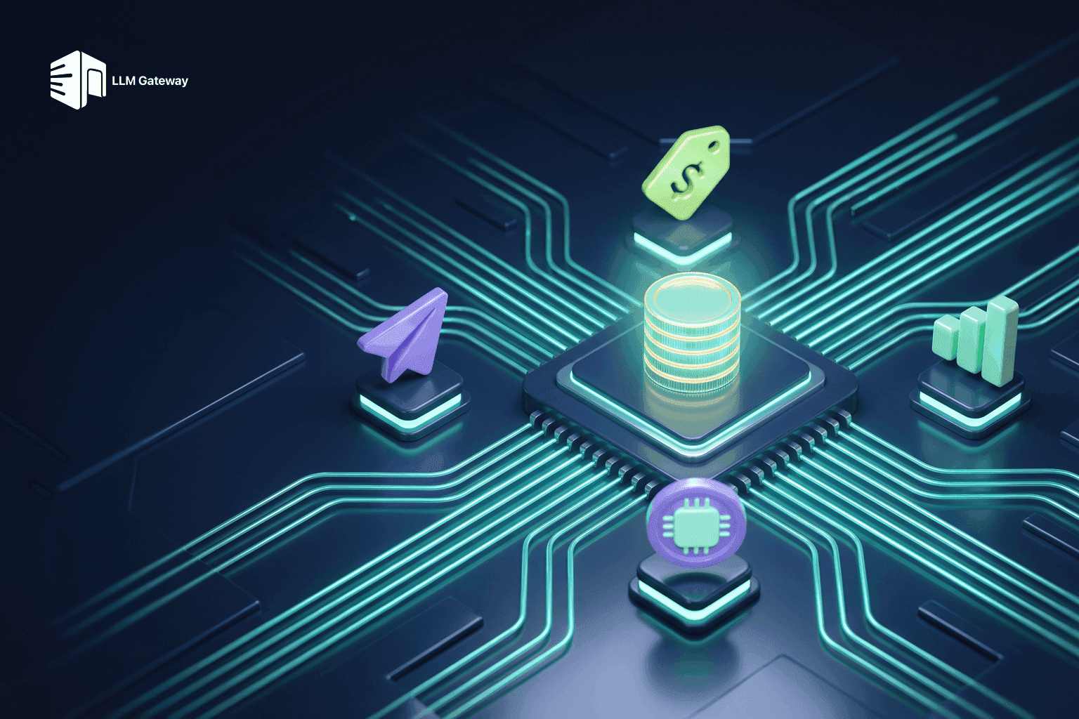 A glowing coin stack mounted on a central chip with light traces flowing toward it from a runway, surrounded by a paper plane, a price tag, and a bar chart on a circuit board