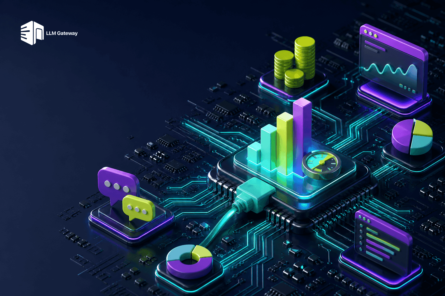 A glowing bar chart with a plug connector docked into it and a coin meter on a circuit board, surrounded by terminal windows, pie charts, and chat bubbles