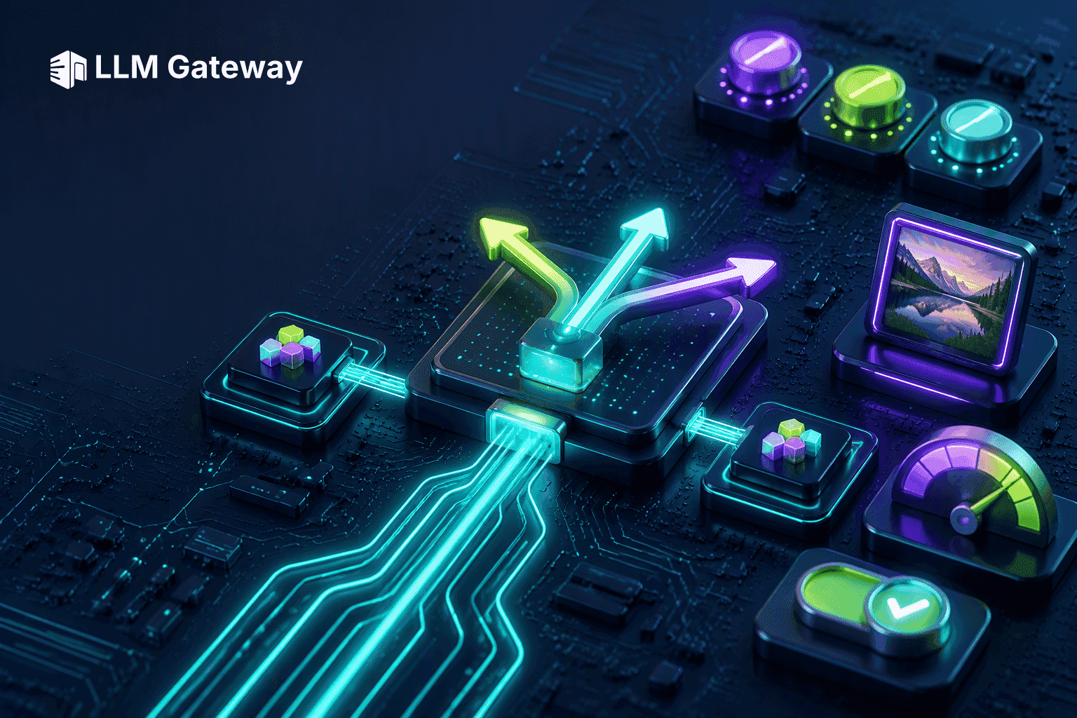 A glowing branching switch on a central chip with weighted light paths, a photo frame and probability dials around it, representing the OpenAI Decisions API on LLM Gateway