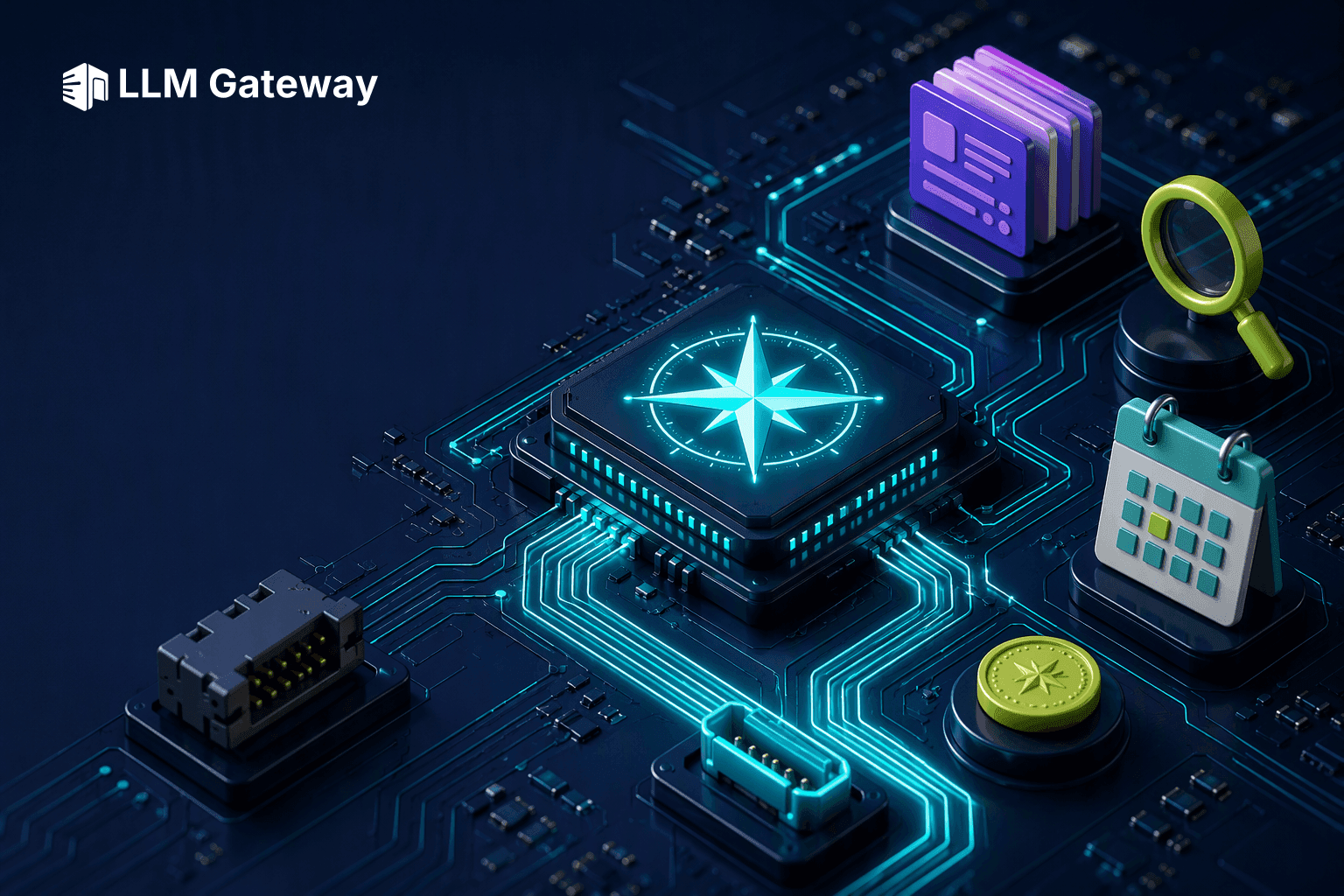 A glowing compass rose on a central chip with light traces rerouting from an old endpoint plug to a new one, beside dated source cards on a circuit board