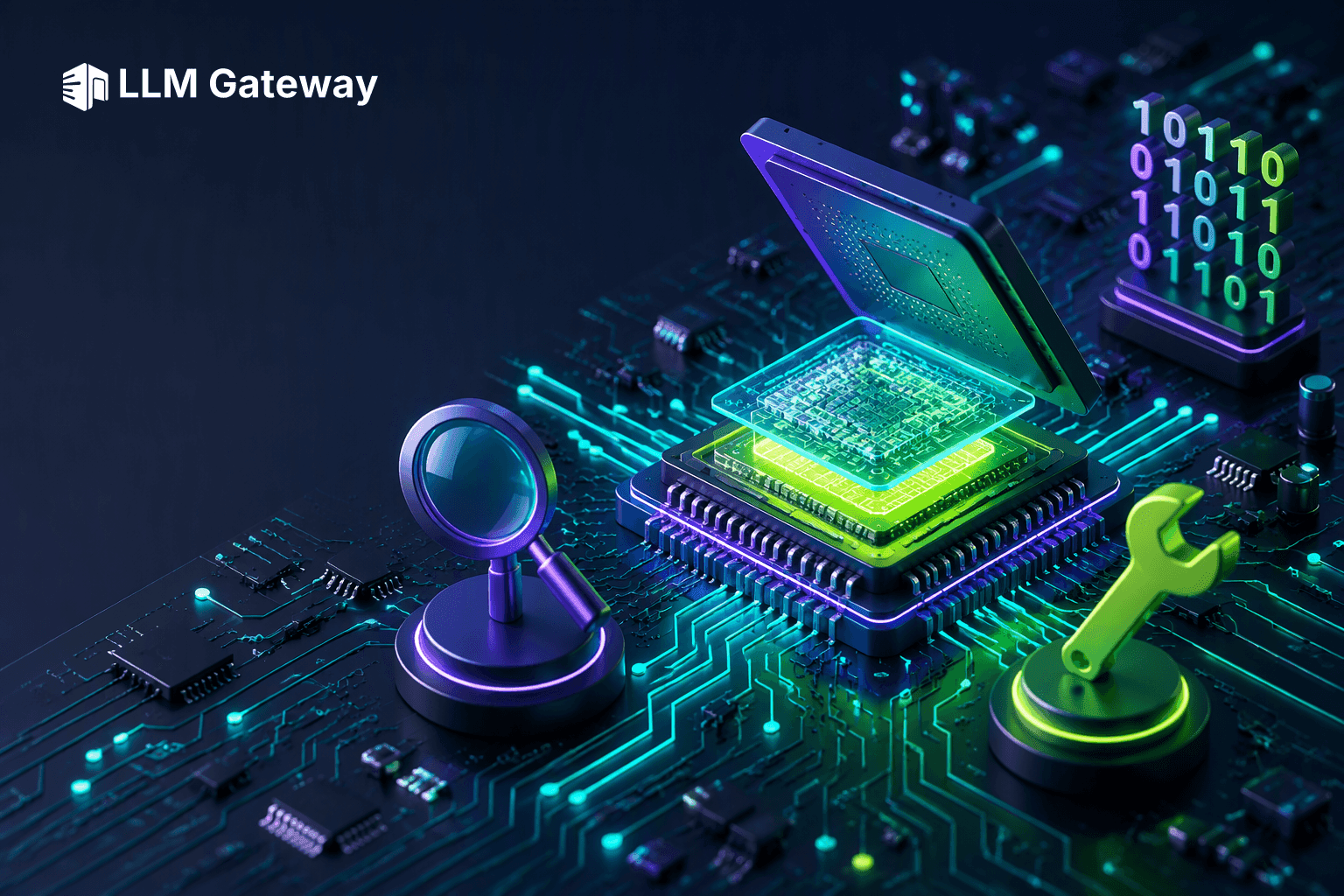 A microchip lifted open on a dark circuit board revealing glowing internal layers, with a magnifying glass, binary digits and a wrench around it, representing AI-assisted reverse engineering with REA