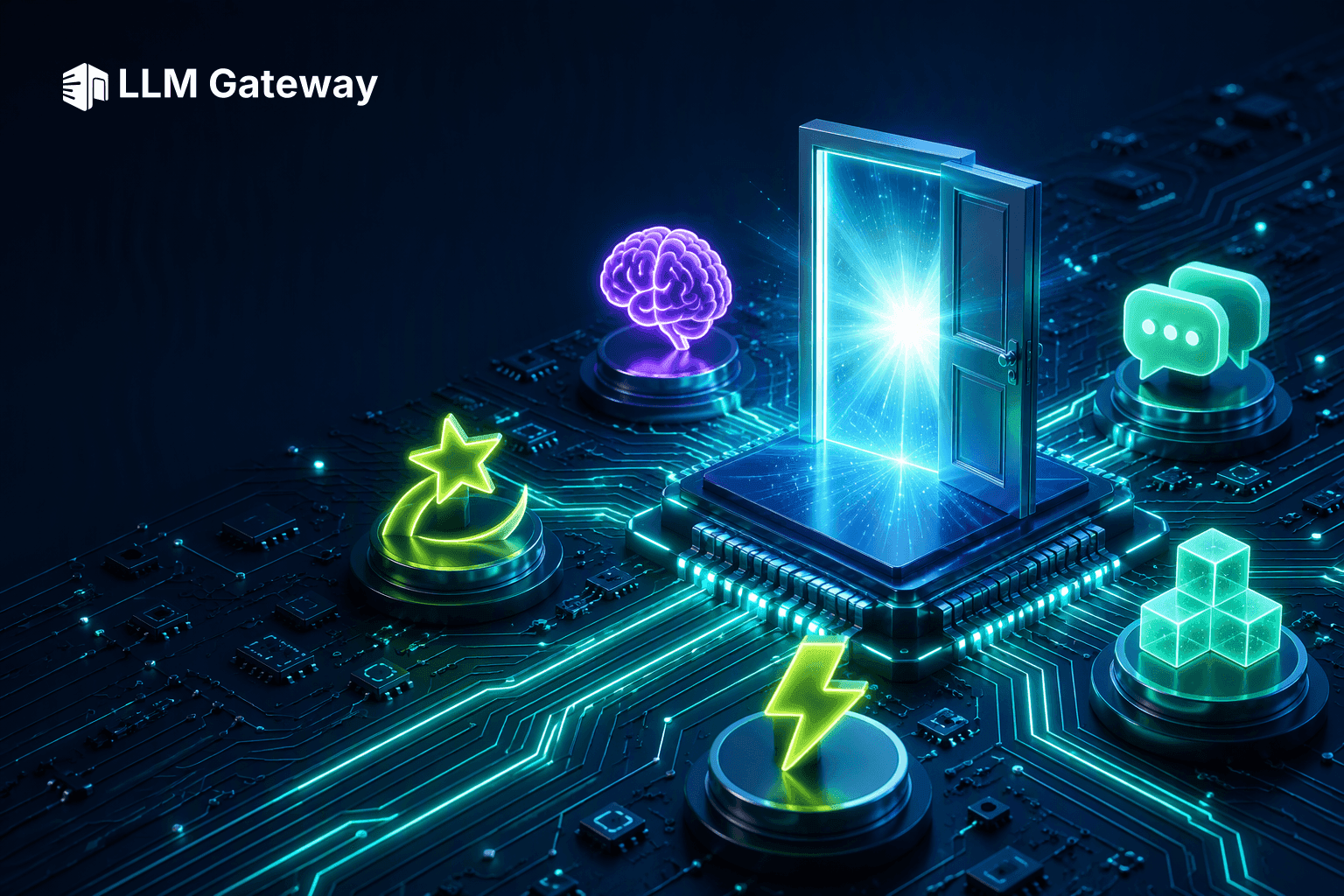 A glowing doorway on a central circuit-board chip radiates light toward glossy brain, chat and model icons, representing an SI gateway into the era of Super Intelligence