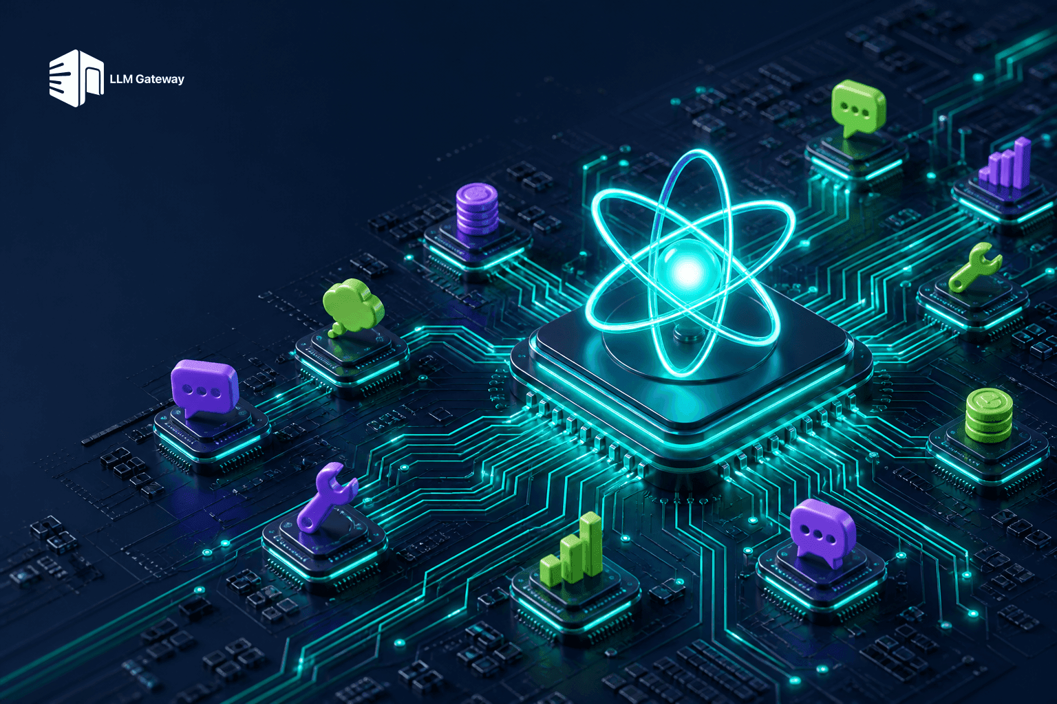Glossy circuit board with a TanStack-style atom mounted on a central gateway chip, routing neon traces out to many provider model chips