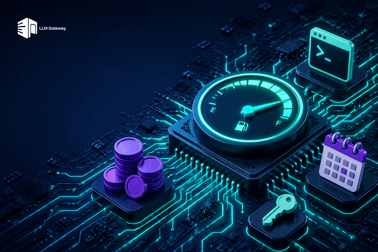 Glossy 3D circuit board with a central meter dial surrounded by coin and terminal icons, representing a metered flat-rate coding plan
