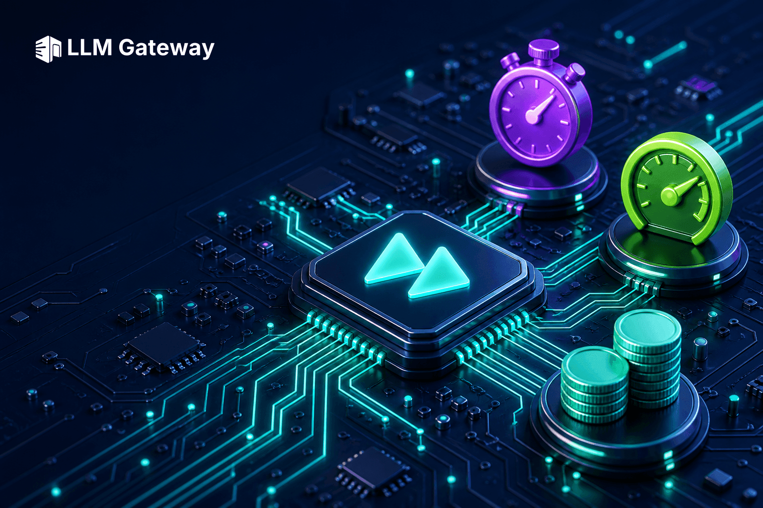 A glowing fast-forward chevron on a circuit-board chip surrounded by stopwatch and gauge icons, representing Azure priority processing on LLM Gateway