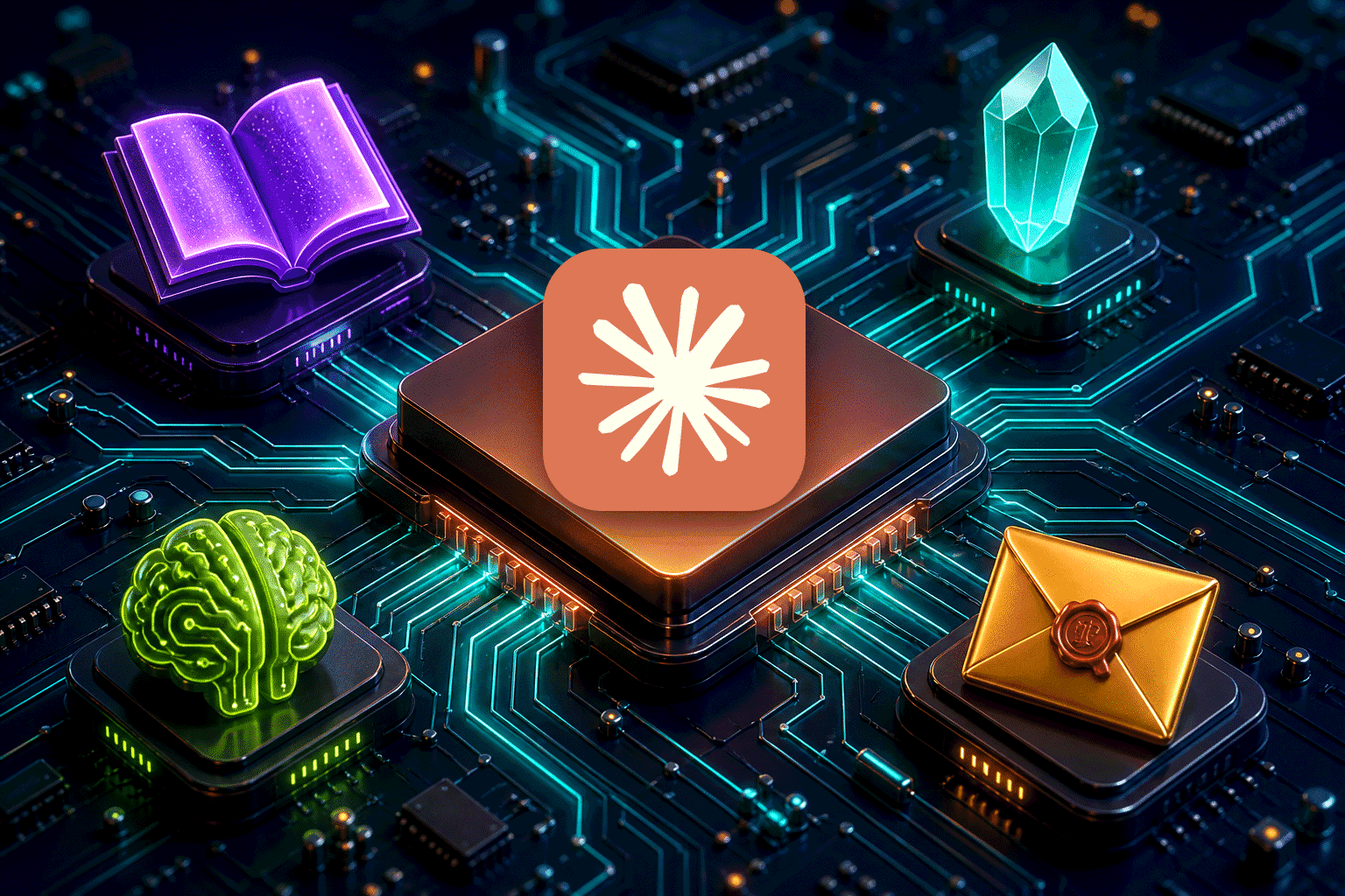 Anthropic's logo on a glowing chip surrounded by a storybook, a crystal, a brain, and a sealed envelope on a circuit board