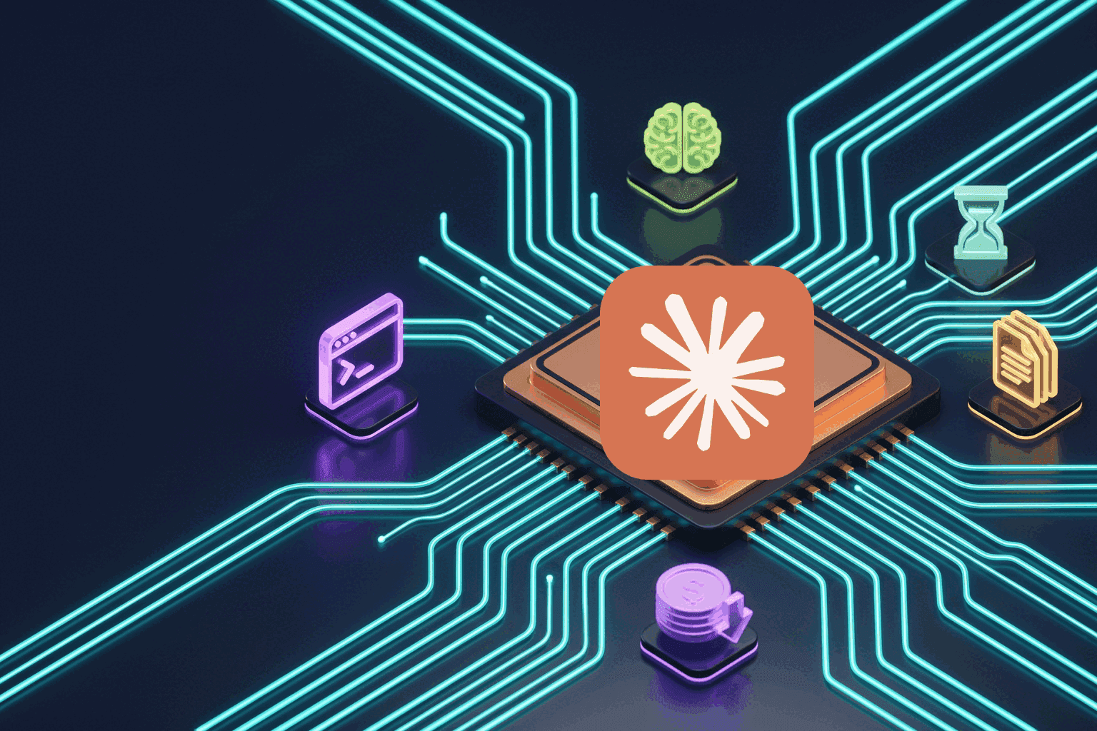 Anthropic's logo on a glowing chip surrounded by a terminal window, a brain, an hourglass, a stack of documents, and a coin on a circuit board