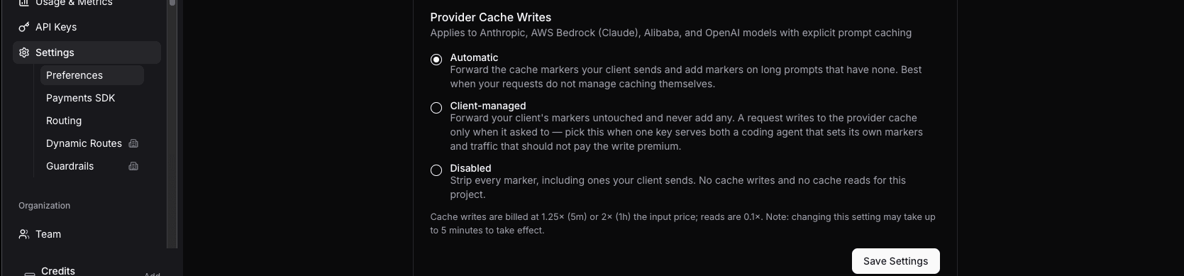 The Provider Cache Writes setting in project preferences, showing the Automatic, Client-managed, and Disabled options