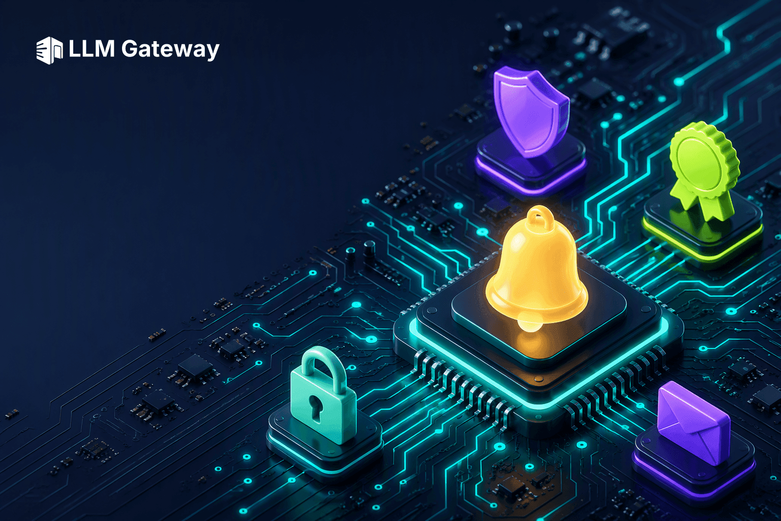 A glowing bell on a circuit-board chip surrounded by shield and certificate icons, representing compliance alerts on LLM Gateway