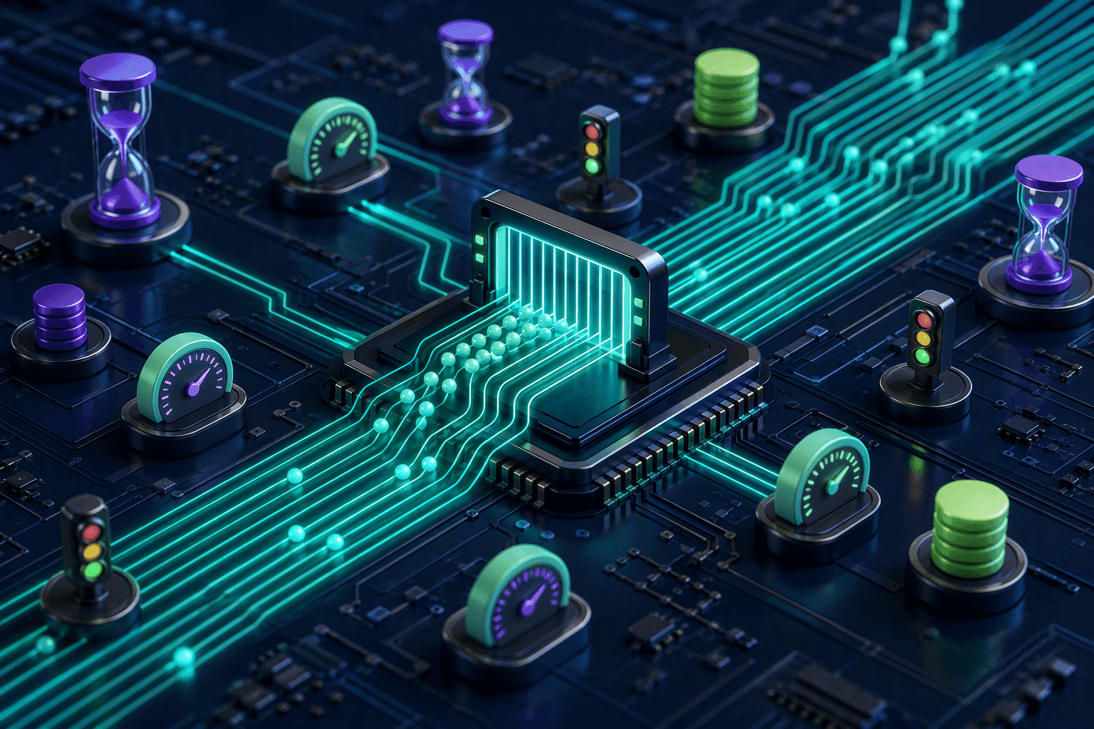 Concurrent request limits: a circuit board with parallel request lanes flowing into a central gateway chip, some lanes held back by a glowing gate