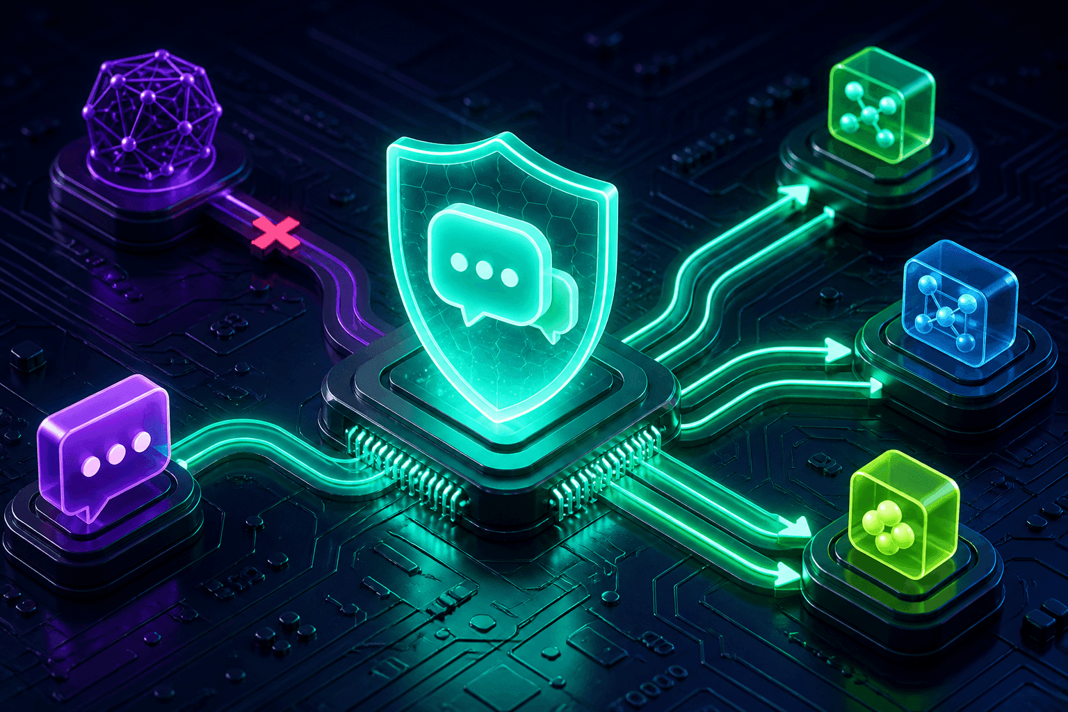 A glowing privacy shield protecting a prompt on a circuit board while routing traces avoid a neural-network training node