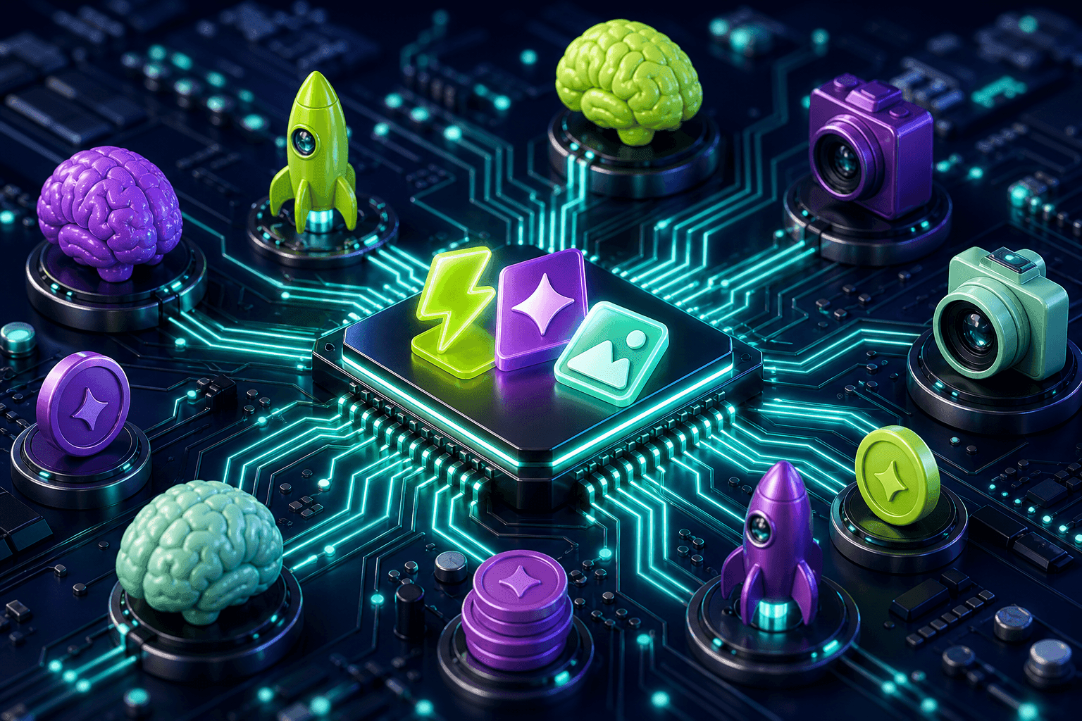 A cluster of glowing new model chips shaped as a lightning bolt, a sparkle, and a picture frame on a circuit board, surrounded by brains, lenses, and rockets