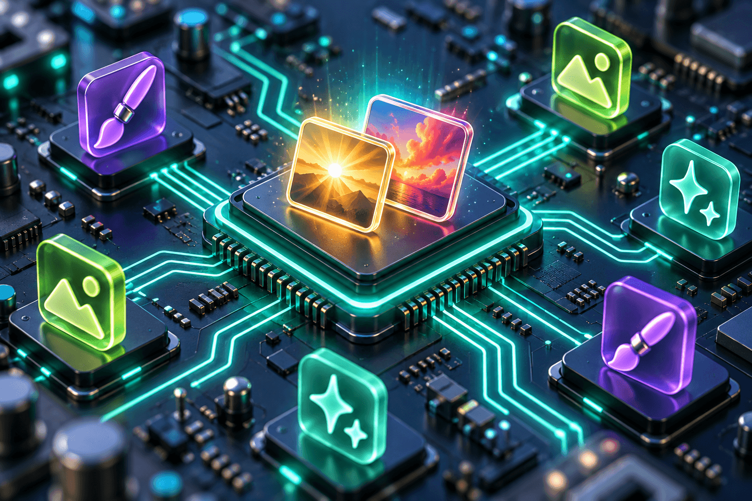 Two glowing image frames with a sunburst and a flare on a circuit-board chip, surrounded by paintbrush and sparkle icons