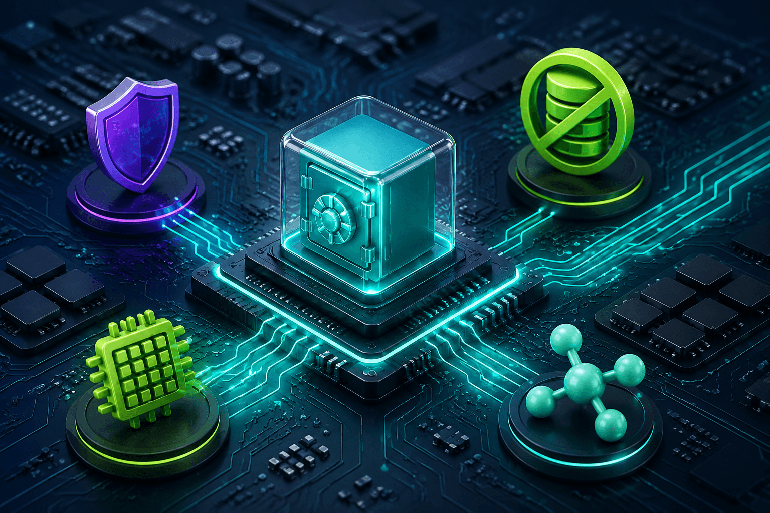 A glowing privacy vault on a circuit board with data routes passing through without entering storage chips