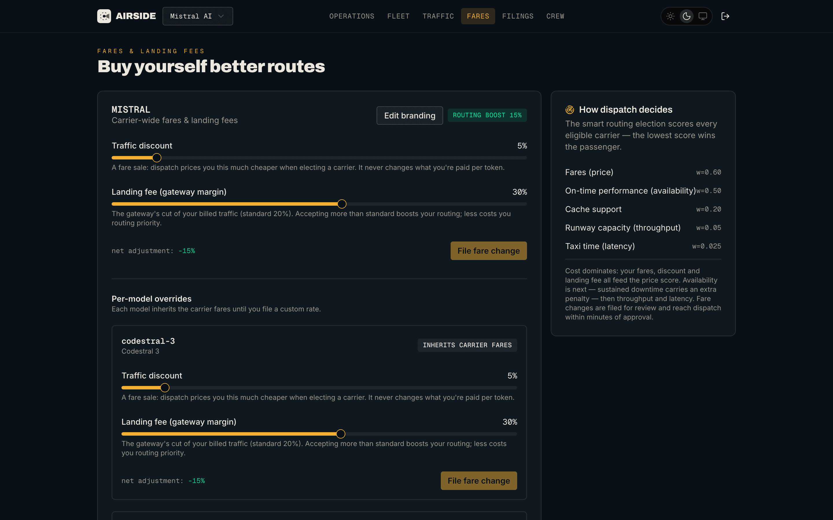 The Fares page with the traffic discount and landing fee sliders