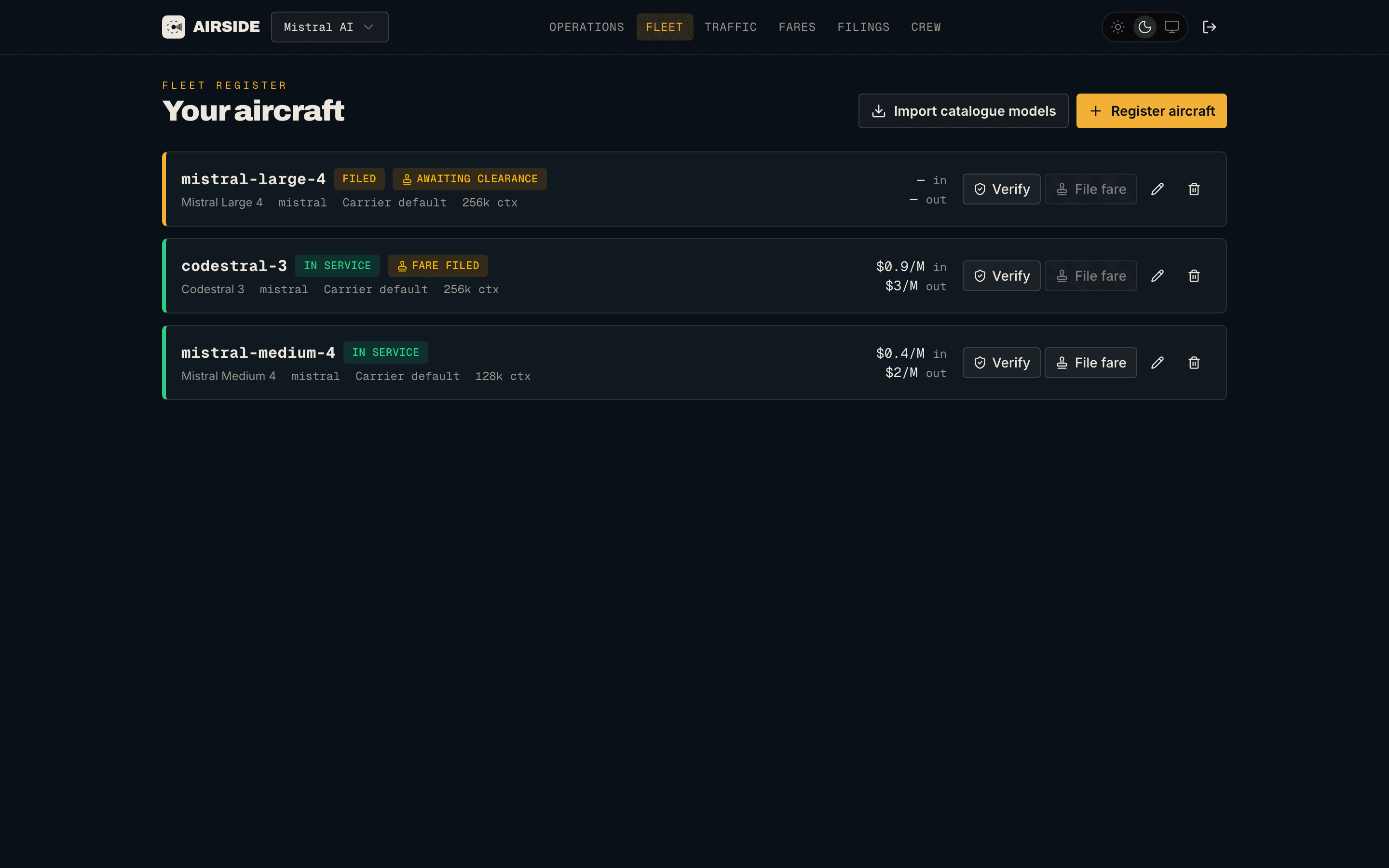 The Fleet page listing a carrier's models