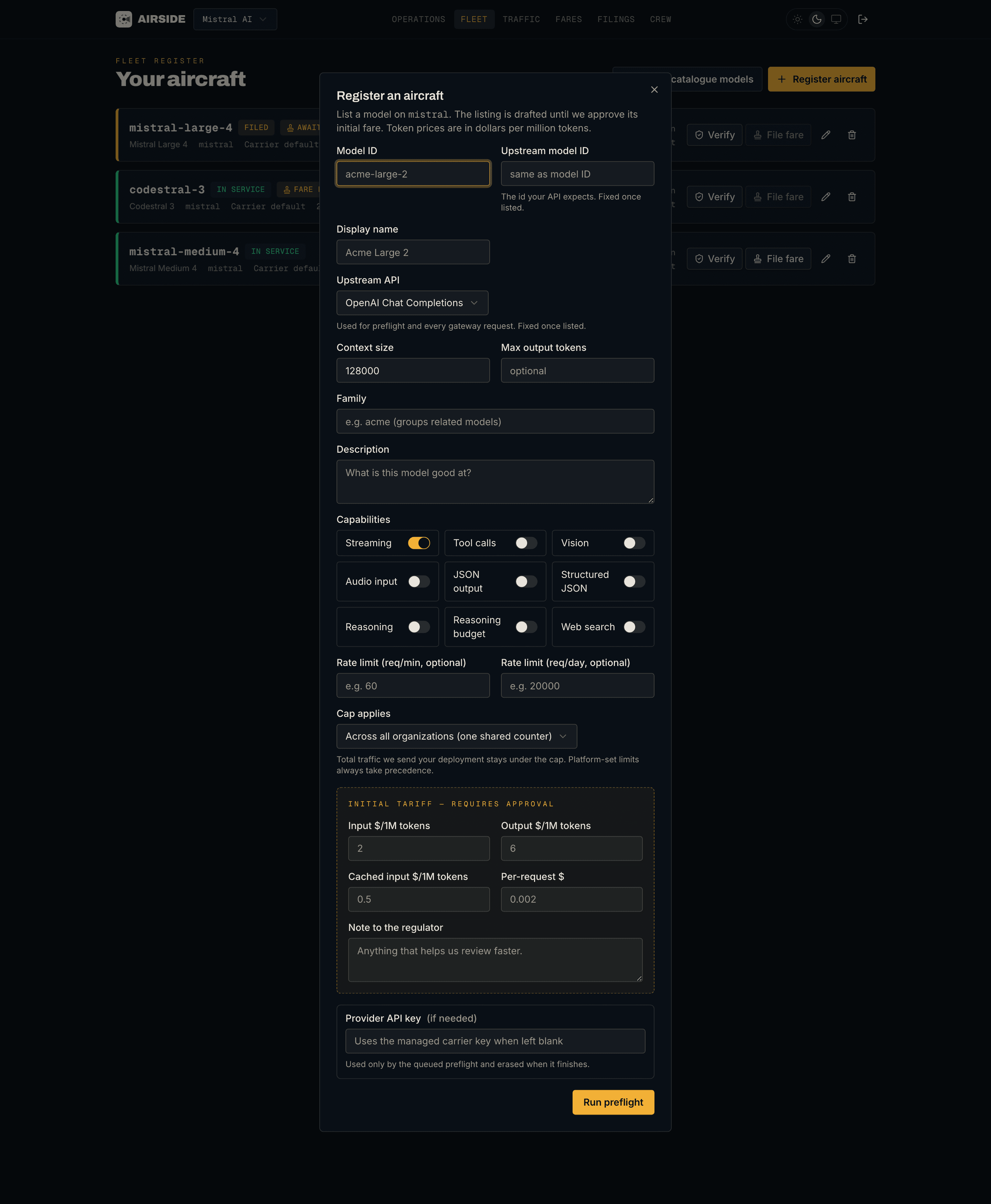 Registering a model with capability flags, upstream API, and preflight verification