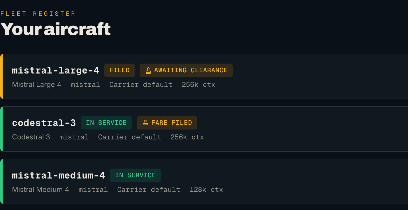 Airside Fleet model cards showing filing, clearance and in-service status, cropped to omit pricing