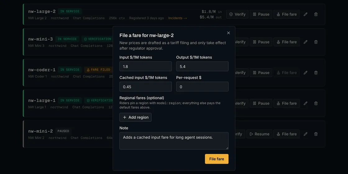 Dialog for filing a new fare with input, output, cached input and per-request prices