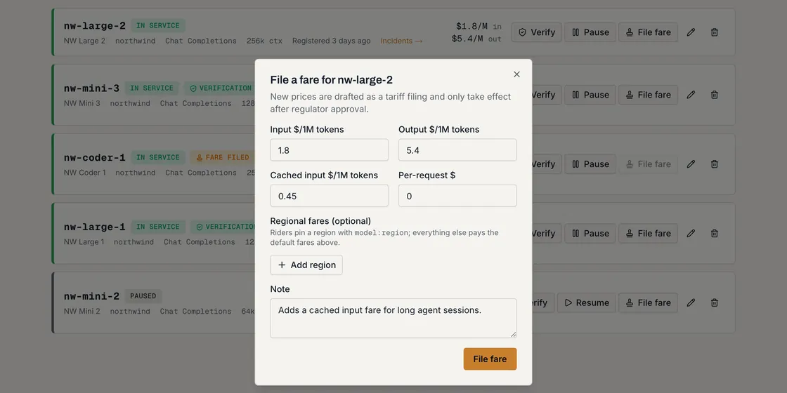 Dialog for filing a new fare with input, output, cached input and per-request prices