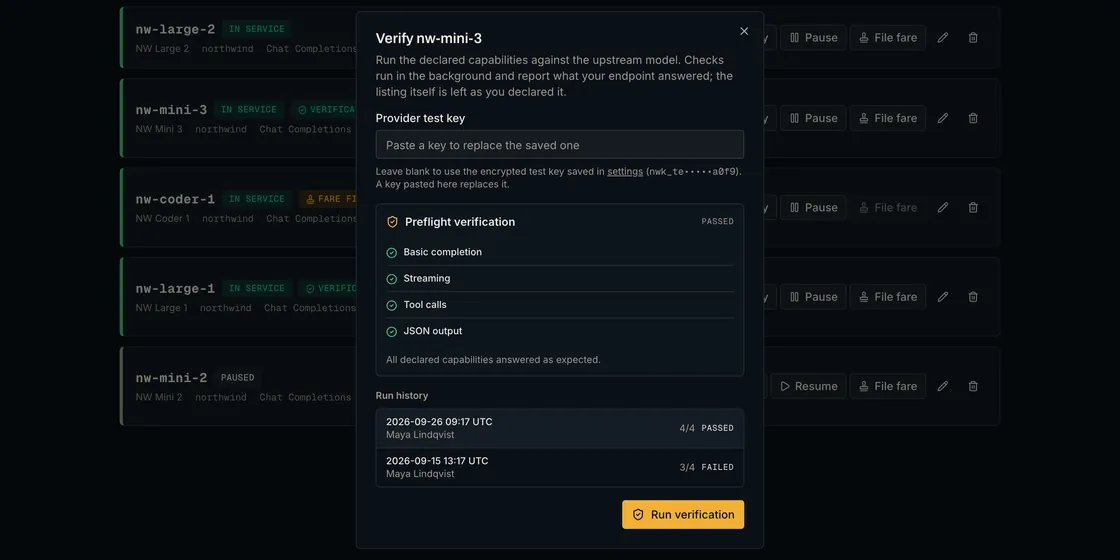 Verification dialog with passed checks for completion, streaming, tool calls and JSON output, and its run history