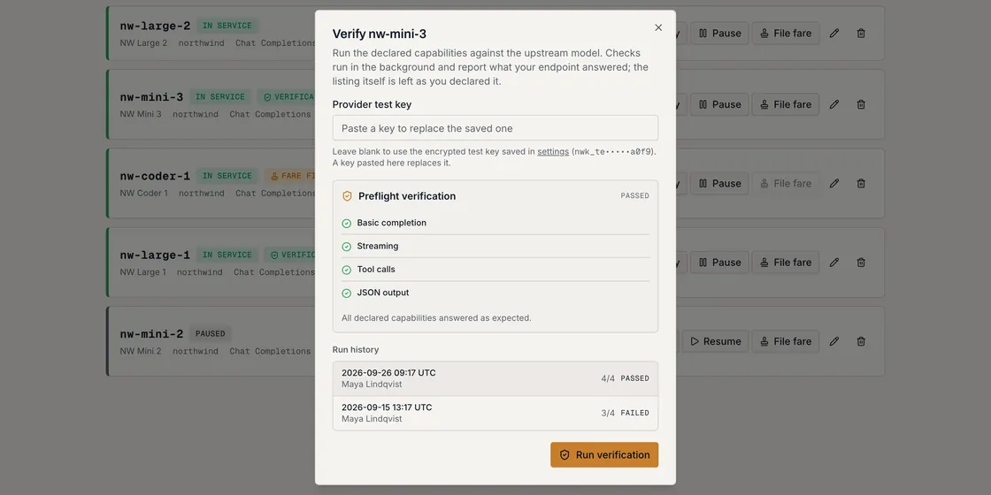 Verification dialog with passed checks for completion, streaming, tool calls and JSON output, and its run history