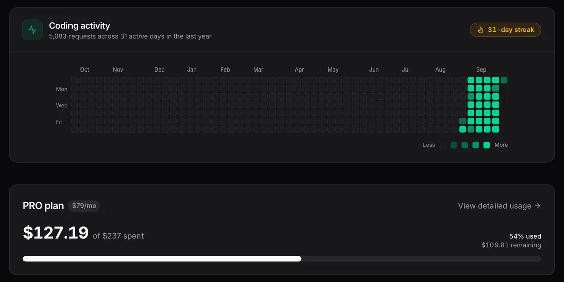 Coding activity heatmap with a daily streak above the plan's spend and allowance for the month