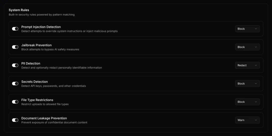 Guardrail rules for prompt injection, jailbreaks, secrets, PII, file types and document leakage, each set to block, redact or warn