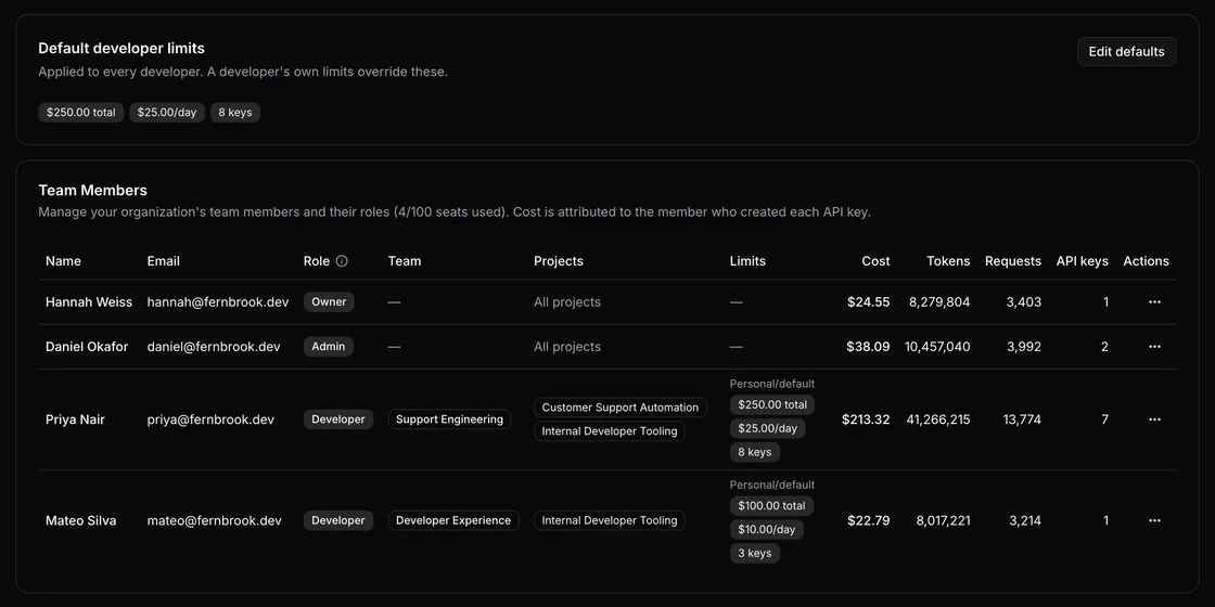 Team members with roles, teams, project access, limits, cost, tokens and requests