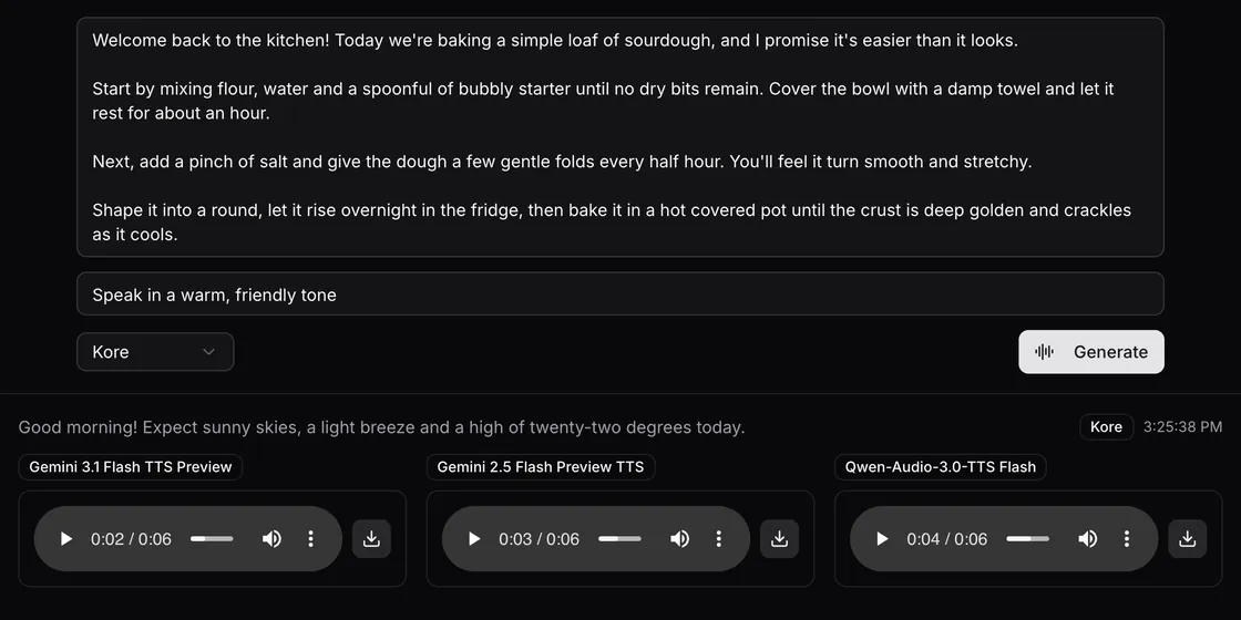 The same line spoken by three text-to-speech models, each with its own audio player
